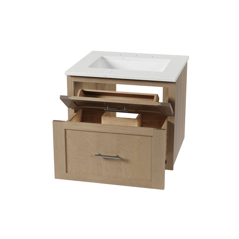 Meuble-lavabo mural 24 po avec comptoir en quartz Carrara, Chêne naturel