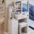 29.2" Small Size Left Bedside Cabinet Vanity Table + Cushioned Stool, 2 AC+2 USB Power Station, Hair dryer bracket, Extra Large Touch Control Sliding LED Mirror, Tri-color Switching, Brightness Adjust-112325789