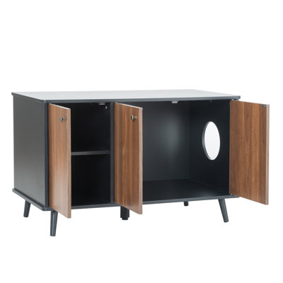 Modern Cat Litter Box Enclosure Furniture with Hidden Plug - Multi-Functional Indoor Cat Washroom & Storage Bench Side Table, Black and Walnut