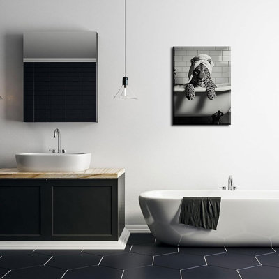 Leopard In Bathtub Canvas Wall Art Trendy Black Bathroom Animal Wall Decor Picture Funky Maximalist Leopard Bathroom Aesthetic Poster Print For Restroom Toilet Decoration