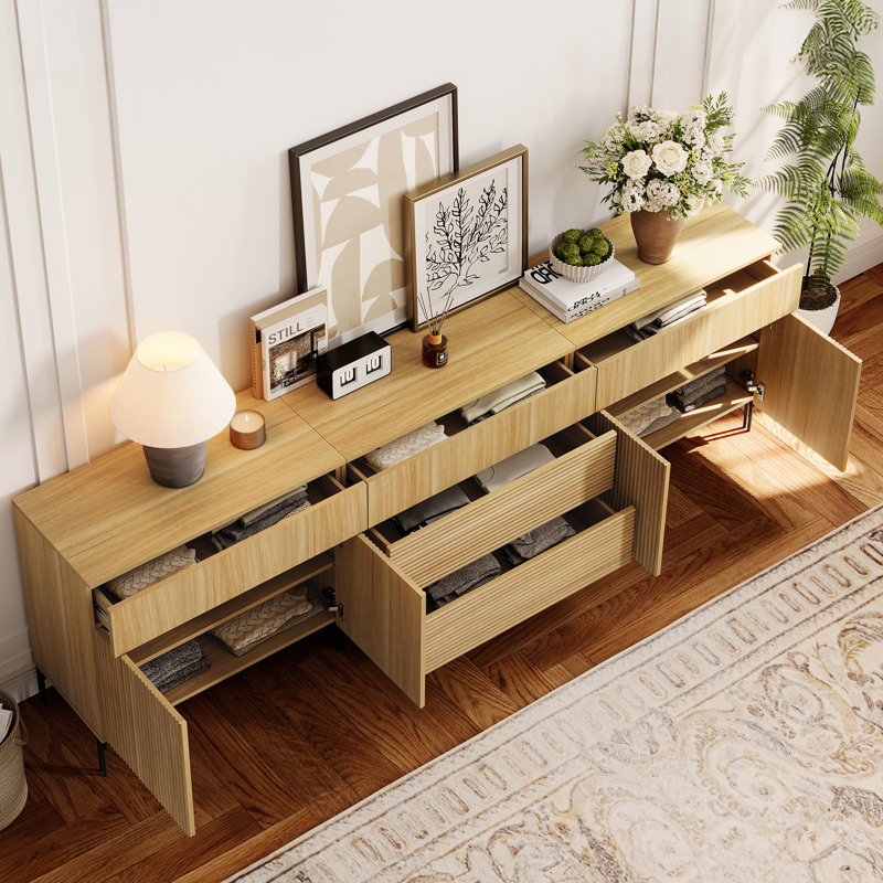 94.5" Modern Reeded Minimalist Sideboard With Doors And Drawers, 3-In-1 Wooden Credenza Storage Cabinet For Kitchen, Dining Room