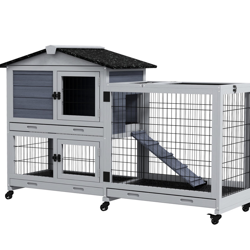 Maison à 2 étages avec toit imperméable, 59,8 po x 20,9 po x 39,2 po, gris, plateau coulissant pour lapins, grande capacité, roues équipées