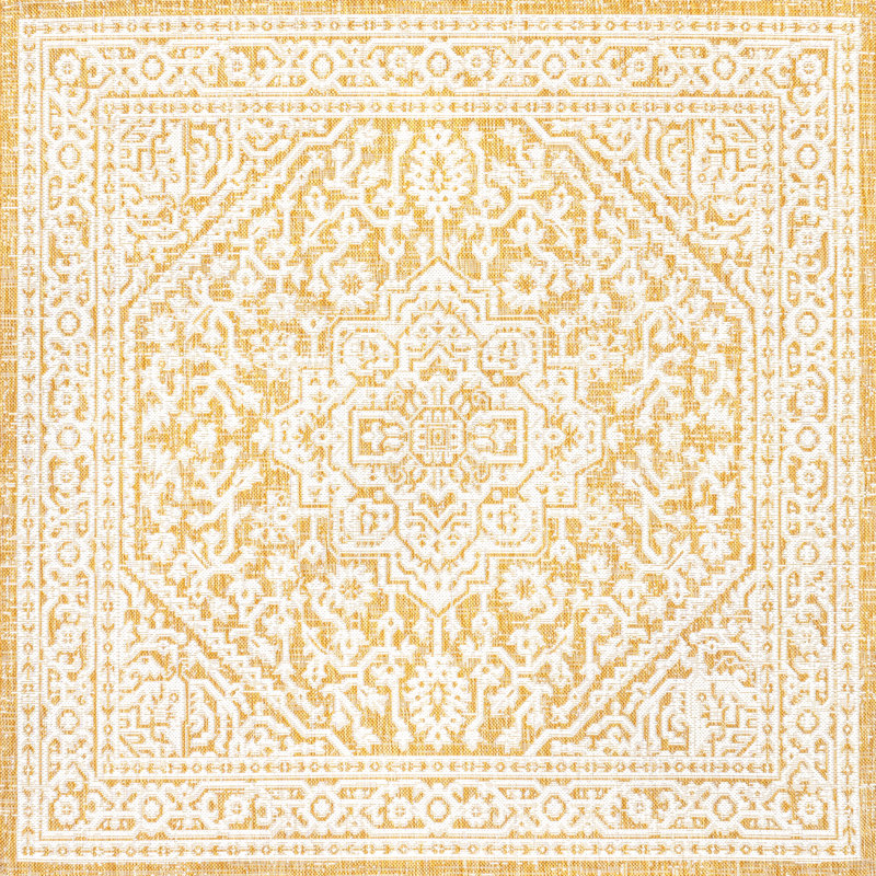 Tapis intérieur / extérieur jaune / crème Aaleayah Medallion, Carré 5 pi 3 po