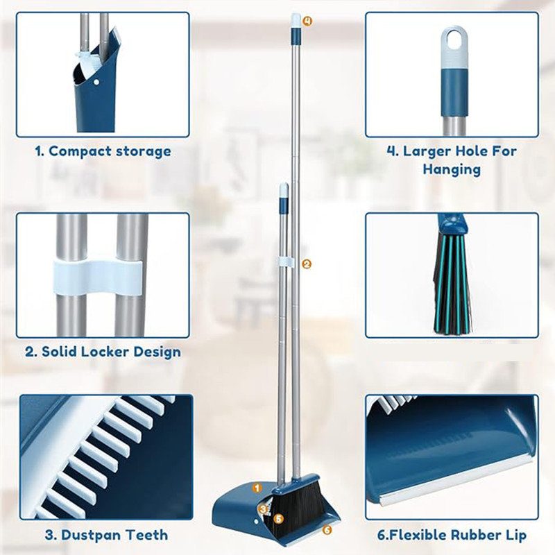 Blue Stainless Steel Long Handle Broom and Dustpan Set