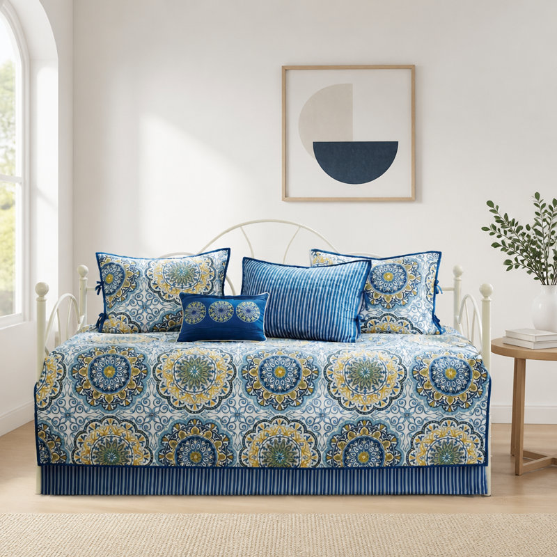 Ensemble de housse de lit de jour réversible à imprimé médaillon 6 pièces avec taies décoratives et coussin décoratif