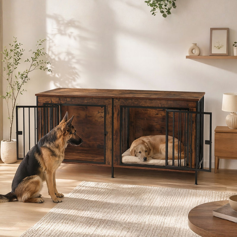 Meuble de cage double robuste pour chien de 54 pouces, cage de chenil multi-animaux décorative, 25.79"H x 53.94"W x 20.47"D