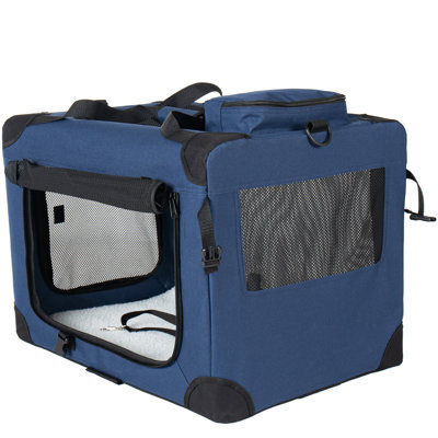 32'' Soft Dog Crate Kennel, 3-door Portable Folding Pet Carrier With Mesh Windows, Carry Straps & Fleece Mat, Suitable For Dogs, Cats & Rabbits | Indoor, Outdoor & Travel Use, Dark Blue