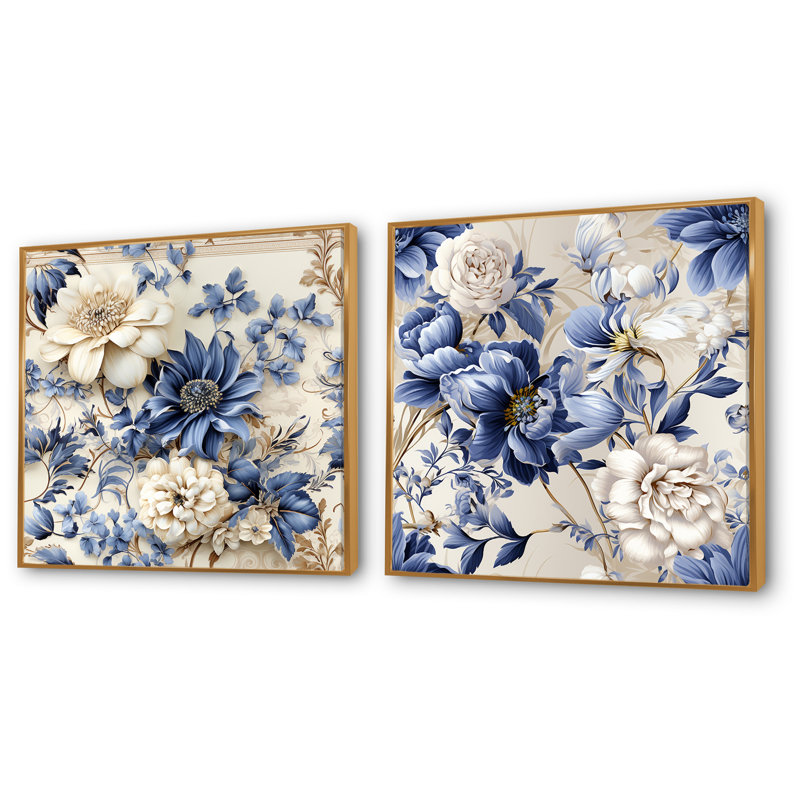 Barnstable - Assorted Bouquets Canvas Prints Set Of 2, Gold Floater Framed, 16" H x 33" W x 1" D