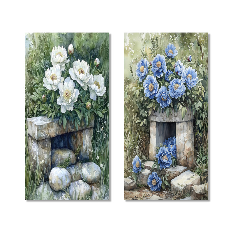 Cerulean Pivoines par the Well I - 2 pièces de décorations murales en métal pivoine, 32" H x 32" W