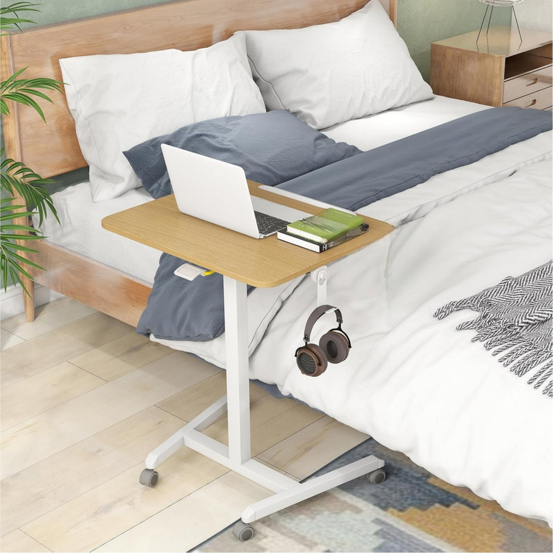Foldable Mobile Standing Desk Beige, Height Adjustable Laptop Overbed Table