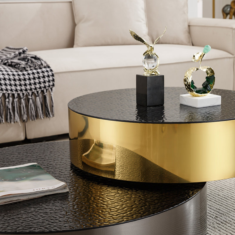 35.4" Coffee Table with Dual-Tier Rotating Top, Smoked Glass and Two-Tone Metal（Modern Round ）