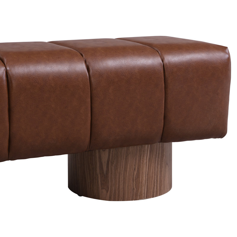 Upholstered Dining Bench For Dining Room, No-Assembly End Of Bed Entryway Bench Ottoman For Bedroom Living Room, Brown PU Stool Top Wood Leg 300 LBS Weight Capacity