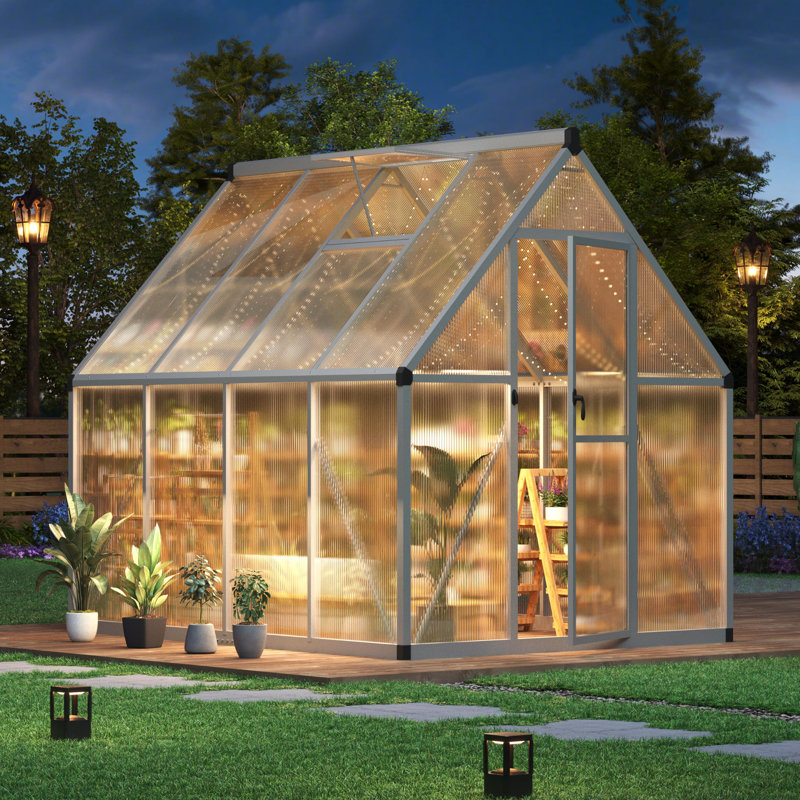 Silver 6x7 Ft Heavy-Duty Walk-in Polycarbonate Greenhouse Kit with Aluminum Frame, Lockable Door, Adjustable Roof Vent and Side Gutters for Year-Round Gardening