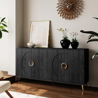 Buffet 4 portes en bois de style moderne patiné avec tablette de rangement réglable pour le salon, le vestibule, le couloir, le bureau, la cuisine et la salle à manger, noir
