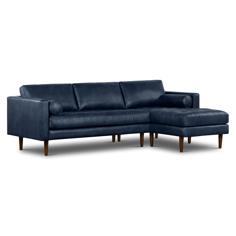 Napa Full-Grain Genuine Italian Leather Sectional, Right Hand Facing, Midnight Blue Genuine Leather