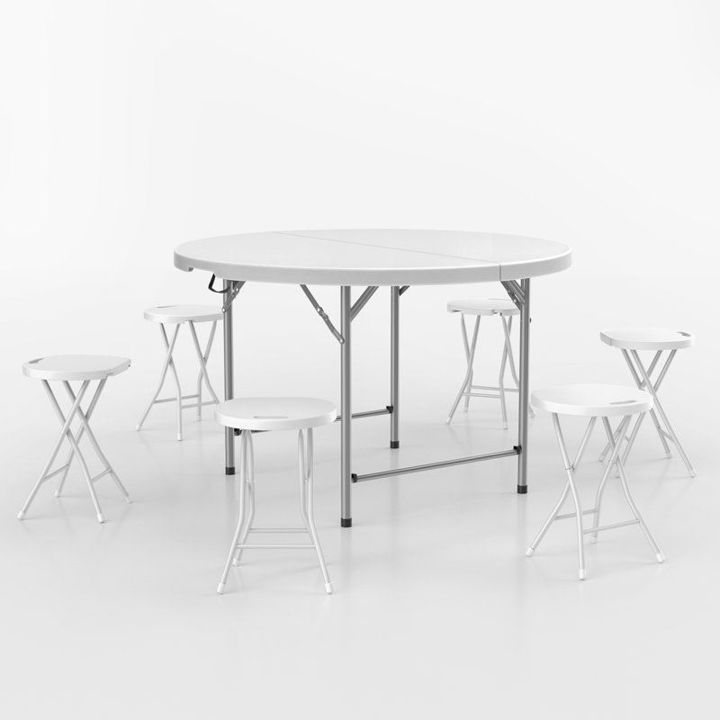 Ensemble 7 pièces table ronde et chaises pliantes 4,5 pi, bureau de réception et tabourets pliables en acier noir, Blanc
