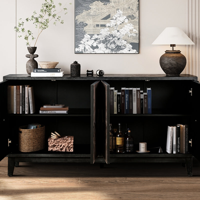 Mid Century Console Table Sideboard - 60" Antique Brown For Entrance 4 Doors, 2 Adjustable Shelves, Material Kitchen Buffet Cabinet With Doors Interior Finish
