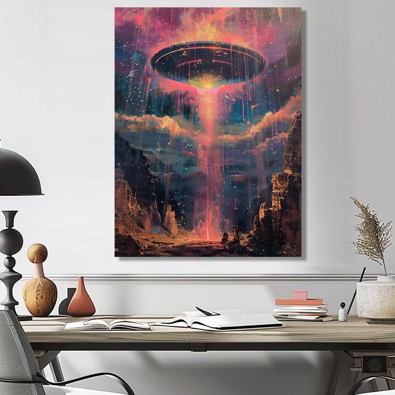 Rose et bleu interstellaire Ufos II - impression d'art mural Ufos, H 12 po x l 20 po, Cadre simple noir, bois massif
