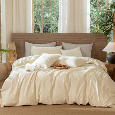 MooMee Wavy Striped Duvet Cover Set 100% Washed Cotton Linen Like Textured Breathable Lightweight