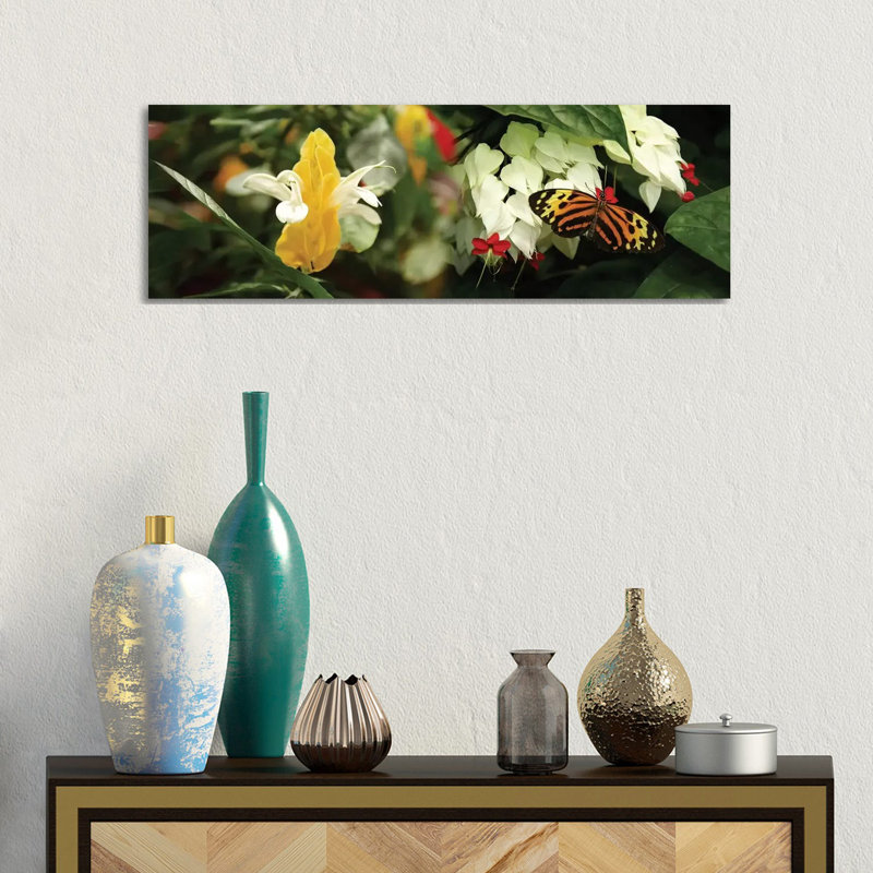 Butterflies Pollinating Flowers - Wrapped Canvas Panoramic Print, 30.48 cm H x 91.44 cm W x 3.175 cm D