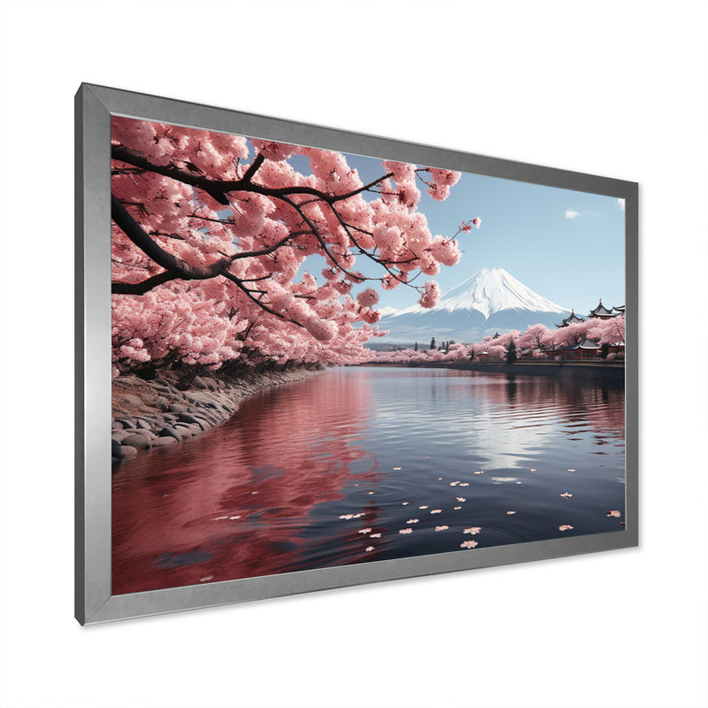 Japon Art Pink Mount Fuji V - Japan Art Canvas Prints, H 34 po x l 44 po x P 1,5 po, Cadre simple argenté