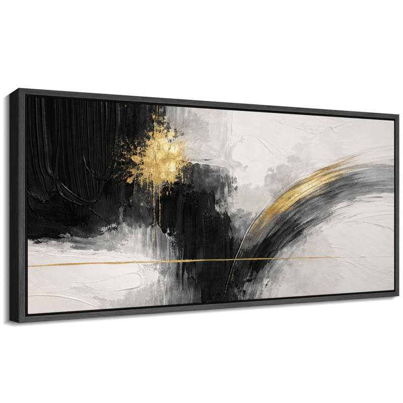 Composition abstraite noire et dorée, coups de pinceau audacieux sur fond neutre, décor moderne contemporain, impression sur toile encadrée, impression numérique