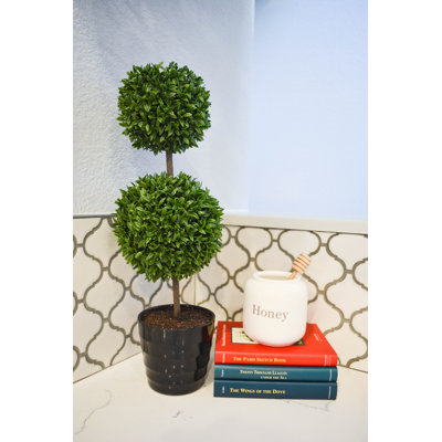 Tall Artificial Tabletop Triple Ball Shaped Boxwood Topiary in Pot
