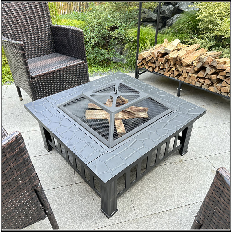 Foyer de table carré en métal 32 po avec foyer et foyer pour le camping, le chauffage extérieur, le feu de joie et le pique-nique