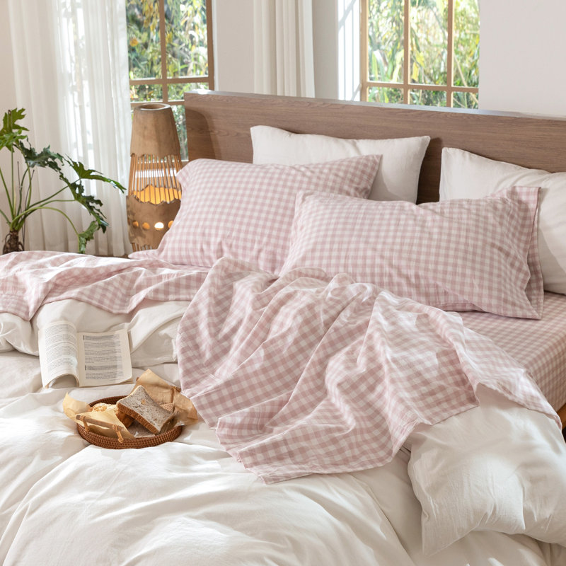 Ensemble de draps 100% coton lavé MooMee, Rose cendré, Ensemble de draps pour grand lit avec 2 taies d'or