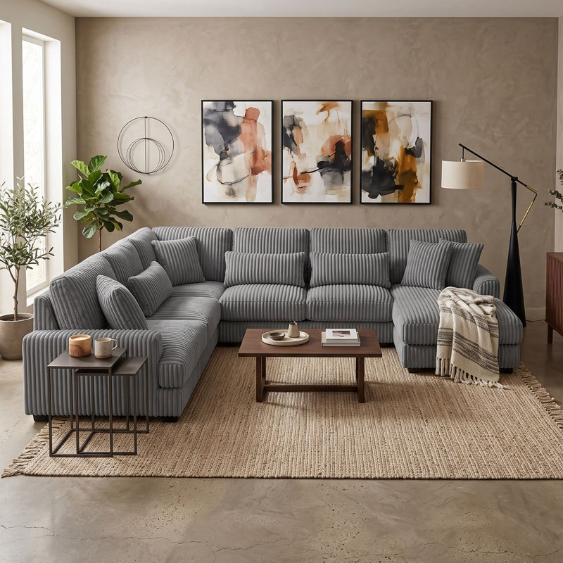 Canapé modulaire en U en velours côtelé 5 places avec méridienne et accoudoirs courbés, Gris foncé