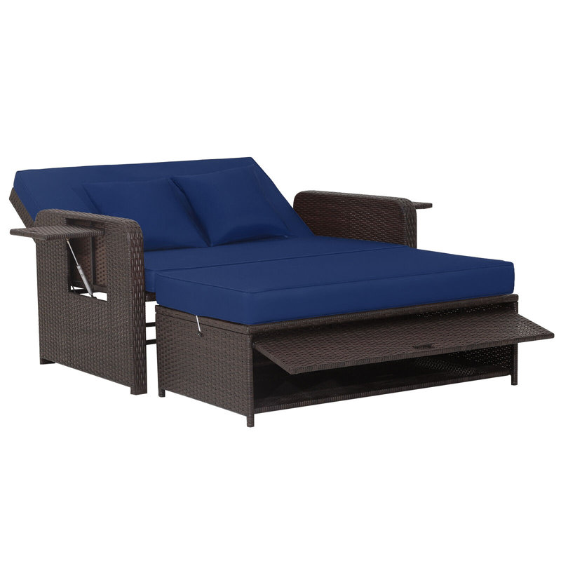 Lit de jour d'extérieur en rotin pour patio avec dossier réglable et plateau latéral, bleu marine, Marine