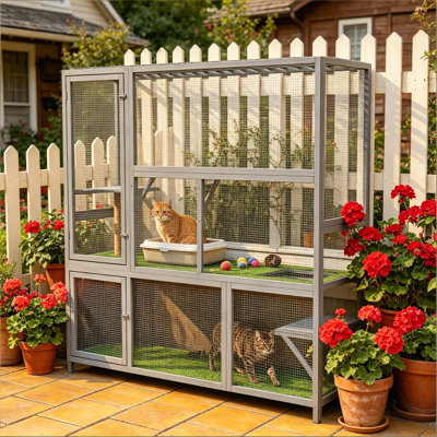 Wall-Mounted Design Wooden Cat House,Cat Catio,Catio Outdoor Cat Enclosure - 74.4" x 23.2" x 77.4" - Mesh,Wood - Pet Product - Green,LIGHT GREY,Transparent - Outdoor - Indoor