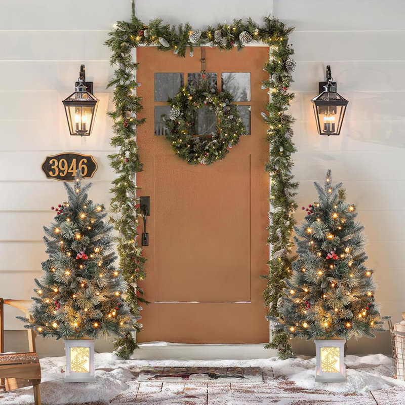Arbre de Noël artificiel enneigé avec base de boîte à lumière flocon de neige, mini arbre de Noël pré-éclairé avec 78 lumières DEL, boîte à piles 8 modes pour la décoration de Noël, maison, bureau, décoration de fête, 2 pièces