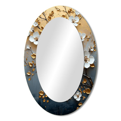 Gold Blue Bonzai Blossom Branch III - Floral Oval Decorative Mirror On Metal