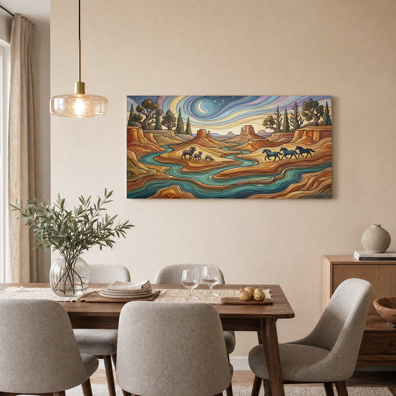 Tableau sur toile représentant un paysage de canyon stylisé avec des chevaux au galop, 46“W x 24”H