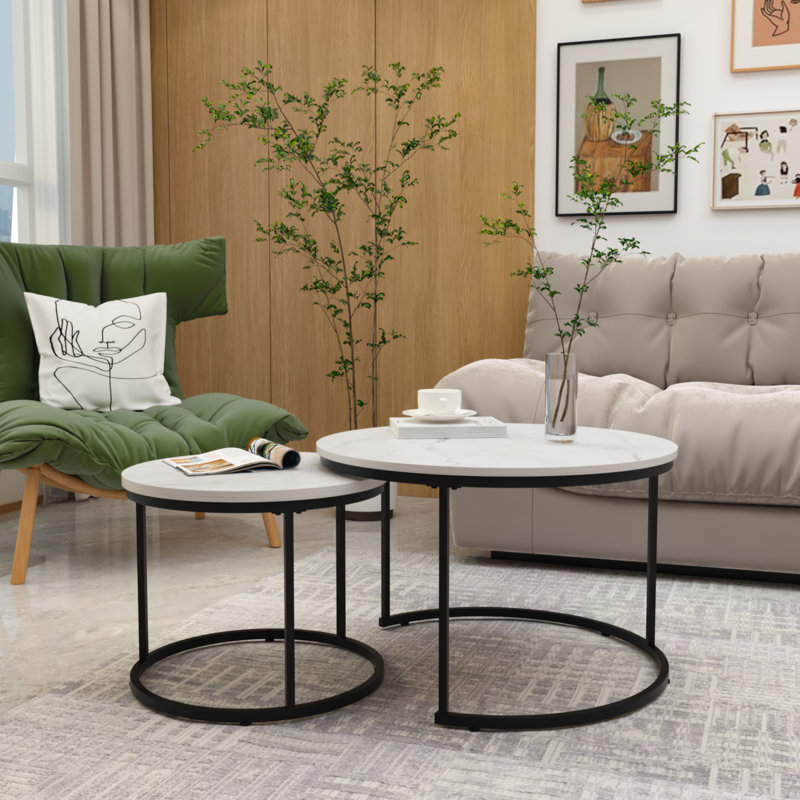 2 pièces, table basse ronde de 27,6 pouces, plateau à motif et structure en métal robuste, tables de bout pour le salon, la chambre et le balcon, fabrication à effet emboîtable