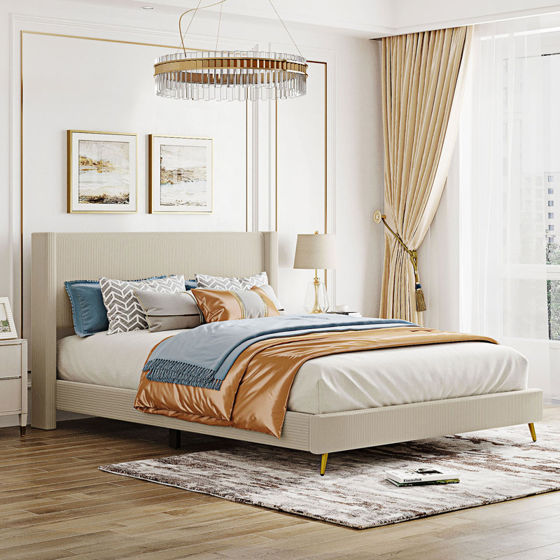 Queen Size Corduroy Platform Bed With Headboard, Beige