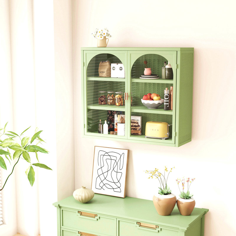27.56"Glass Doors Modern Two-Door Wall Cabinet With Featuring Three-Tier Storage, Green