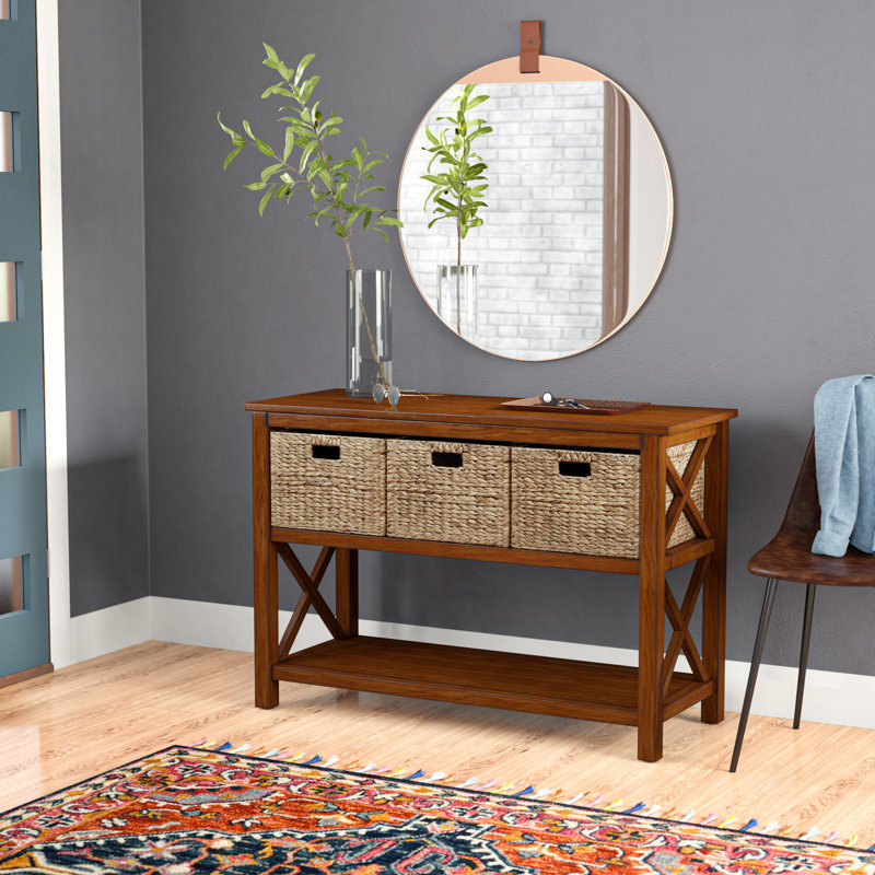 Hoehne 44'' Console Table, X-Side Sofa Table, 2 Storage Shelves, 3 Wicker Baskets, Coffee 
