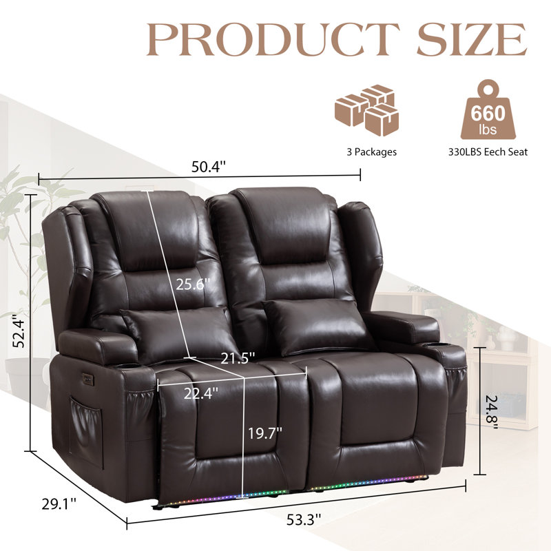 Power Recliner Sofa Home Theater Seating With Led Ambient Lighting, Cup Holders, Side Pockets, Dark Brown