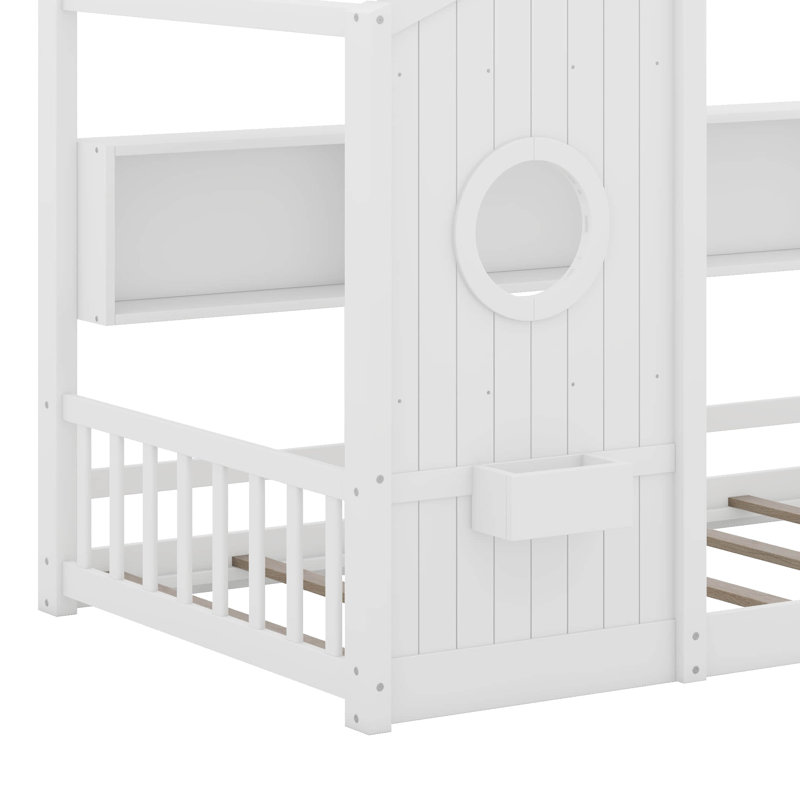 Structure de lit maison avec tablettes de rangement et toit, Lit simple, Blanc