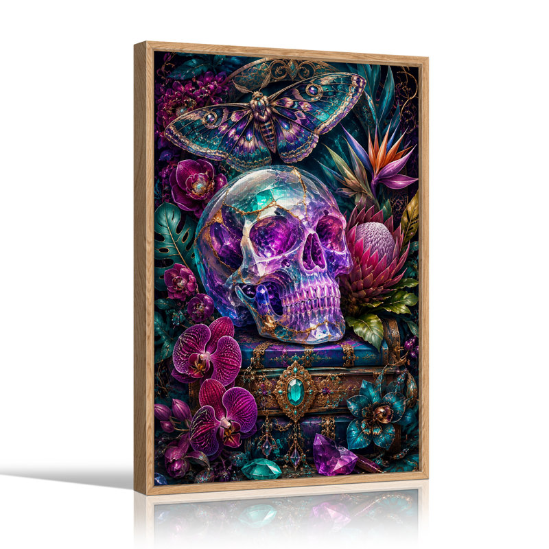 Impression sur toile, crâne de cristal mauve avec papillon de nuit bleu sarcelle et fleurs, H 24 po x l 18 po