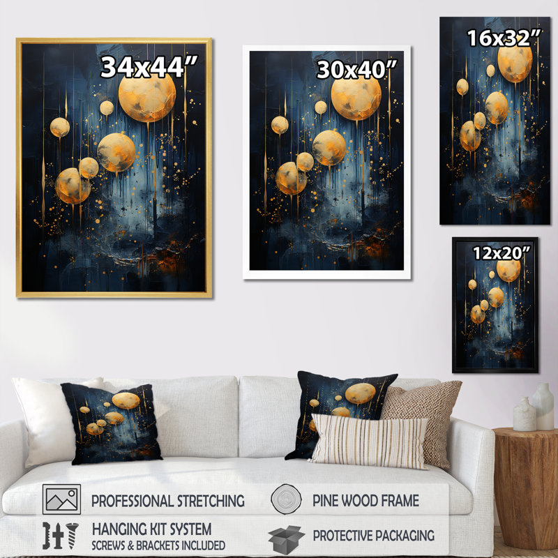 Lune bleu et or Céruléen rêves présents, Cadre flottant doré, H 32 po x l 16 po x P 1 po