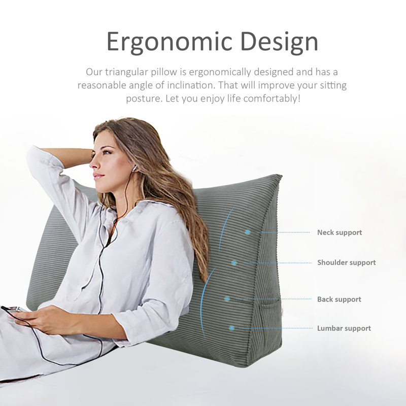 Corduroy Headboard Wedge Pillow Back Support for Reading and TV Watching in Bed, 20" x 39", Gray
