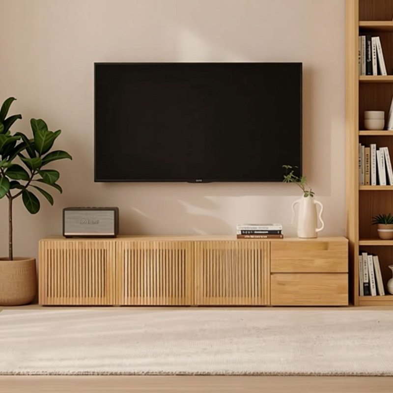 Meuble télé en bois d'hévéa couleur chêne, 16.53"H x 70.86"L x 16.53"W
