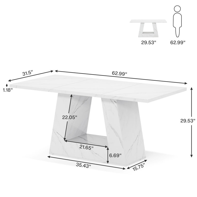 White Faux Marble Rectangular Dining Table with Trapezoidal Base
