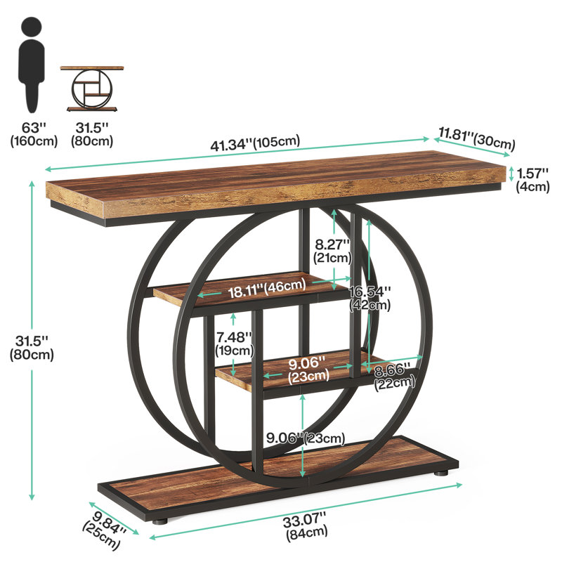 4-Tiered Storage Console Table 41.3" Sofa Table Entryway Table with Circle Base for Living Room, Brown