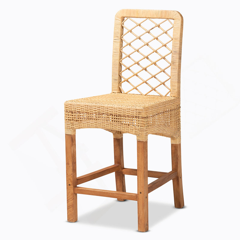 Tabouret de comptoir moderne en acajou bohémien avec rotin naturel et repose-pieds ergonomique pour une assise confortable
