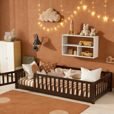 Twin Size Rubber Wood Klayman & Safety Door, Kids Transition Floor Bed With Guardrails, No Box Spring Needed, Espresso, For Toddlers & Kids’ Bedrooms