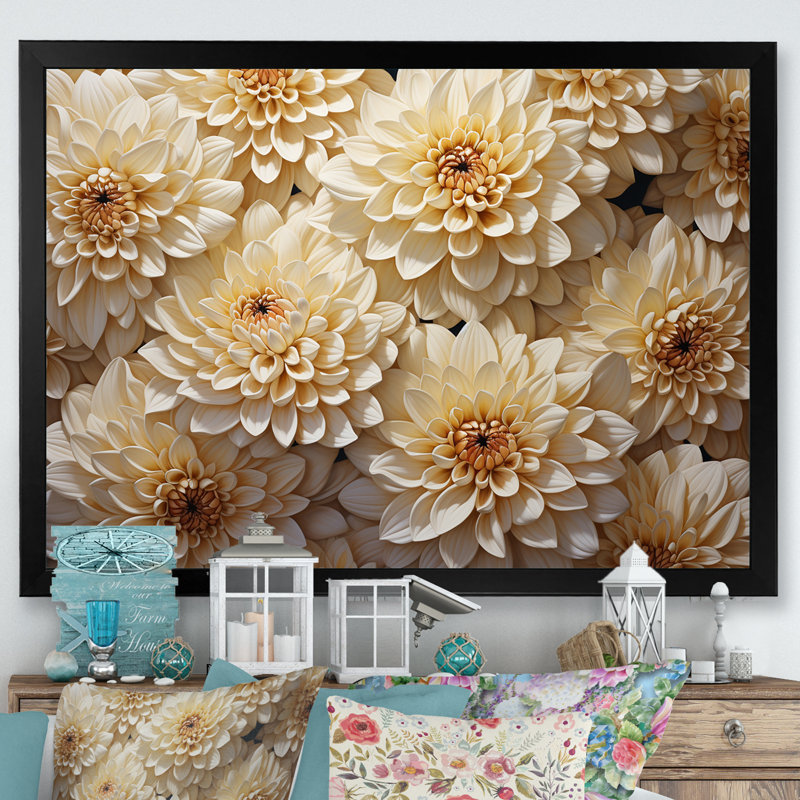 «White Minimalisme Chrysanthemums», mosaïque sur toile, Cadre simple noir, H 24 po x l 32 po x P 1 po